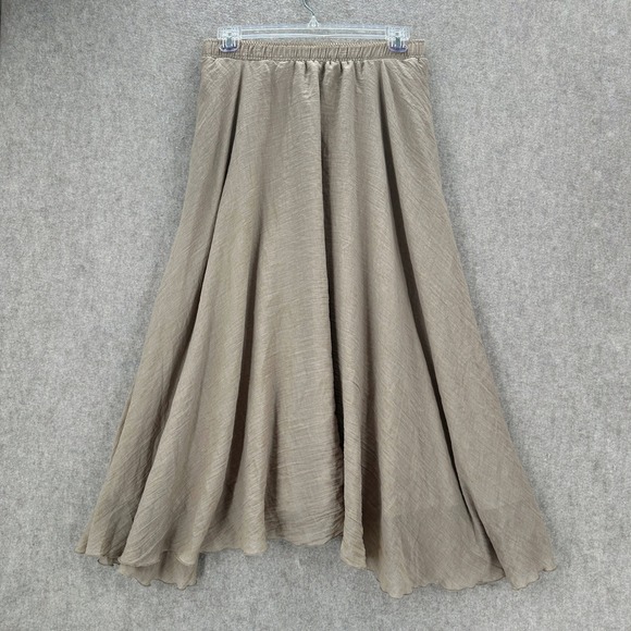Peach Maxi Skirt XL Flare Taupe Brown Elastic Waist Pockets Lined Crinkle Gauze - Picture 2 of 11